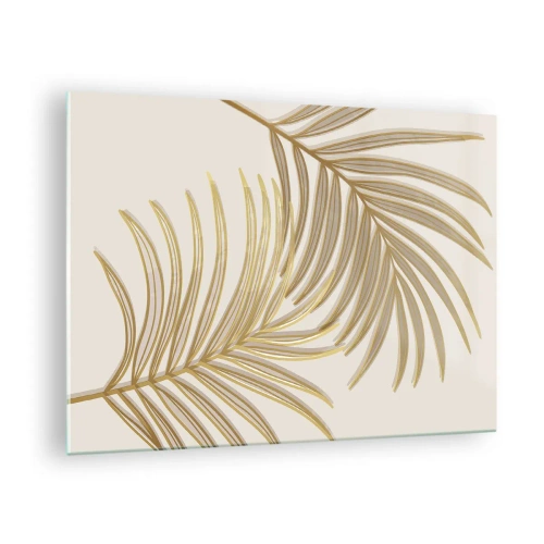 Tablou pe sticlă - Frunze de palmier aurii pe un fundal deschis - 70x50cm - Palmier de aur! - Decorațiune modernă pentru perete pentru living și dormitor ARTTOR