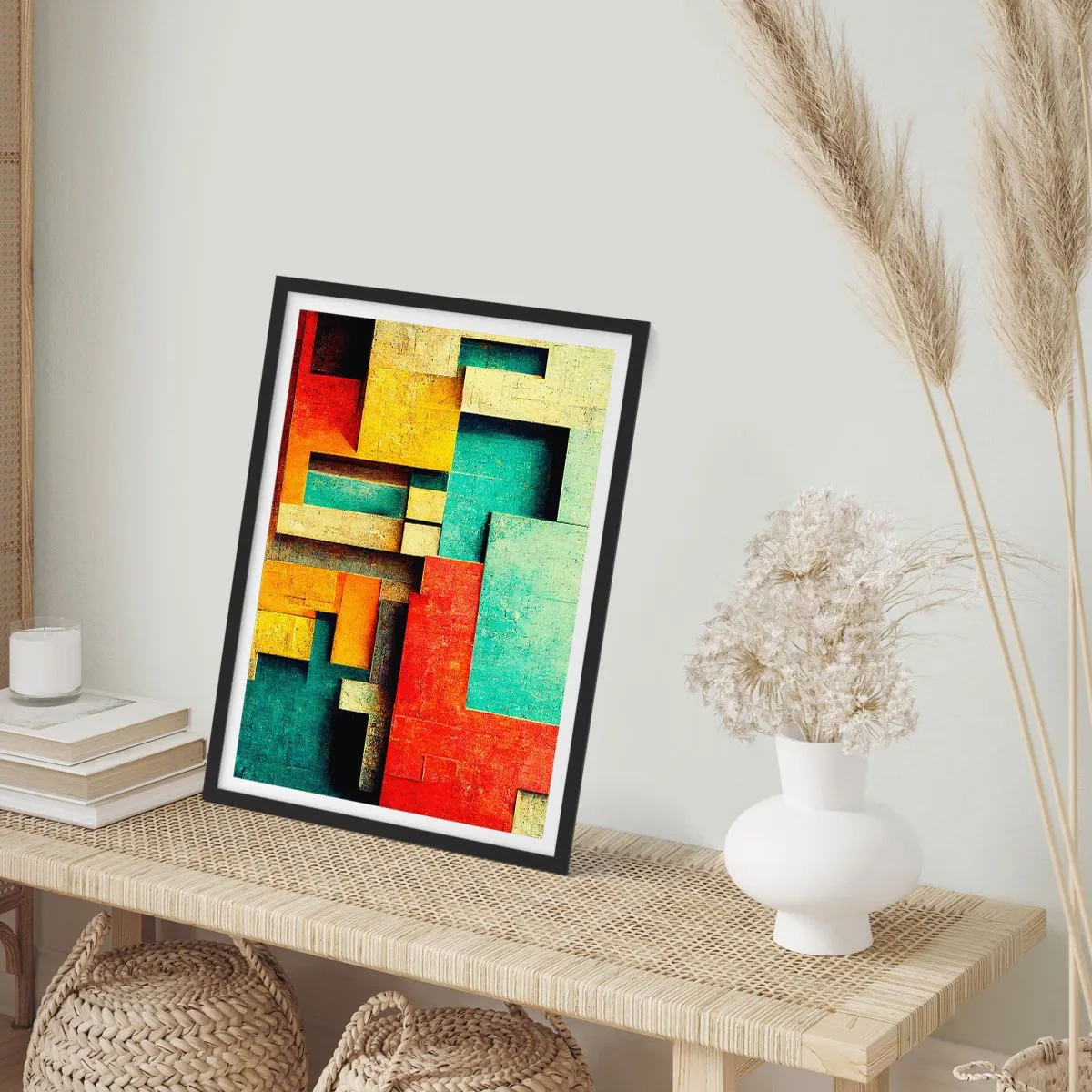 Poster în ramă neagră - Abstracție geometrică în culori vii - 50x70cm - Festival de unghiuri drepte - Decorațiune modernă pentru perete pentru living și dormitor ARTTOR