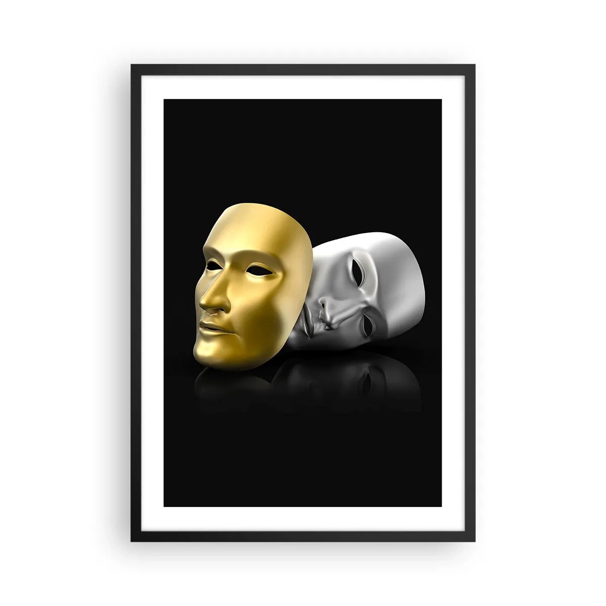 Poster în ramă neagră - Mască de aur și argint pe fundal negru - 50x70cm - Viața este teatru - Decorațiune modernă pentru perete pentru living și dormitor ARTTOR