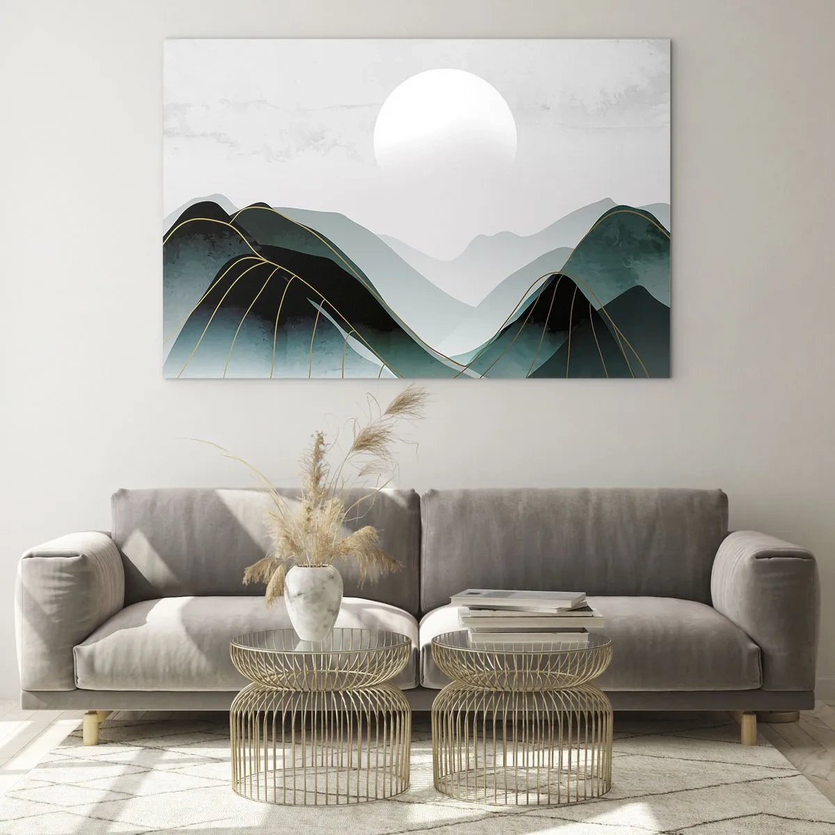 Tablou pe sticlă - Peisaj montan cu soare alb și linii aurii - 70x50cm - Măreție deplină - Decorațiune modernă pentru perete pentru living și dormitor ARTTOR