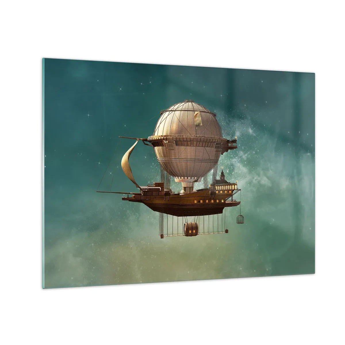 Tablou pe sticlă - Un dirijabil zburător cu o casă în stil retro pe cer - 70x50cm - Jules Verne vă transmite salutări - Decorațiune modernă pentru perete pentru living și dormitor ARTTOR