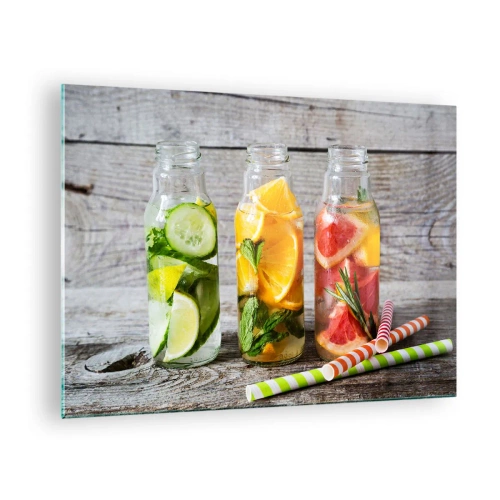 Tablou pe sticlă - Sticle de apă cu fructe și ierburi pe un fundal de lemn - 70x50cm - Sănătoase prin natura - Decorațiune modernă pentru perete pentru living și dormitor ARTTOR