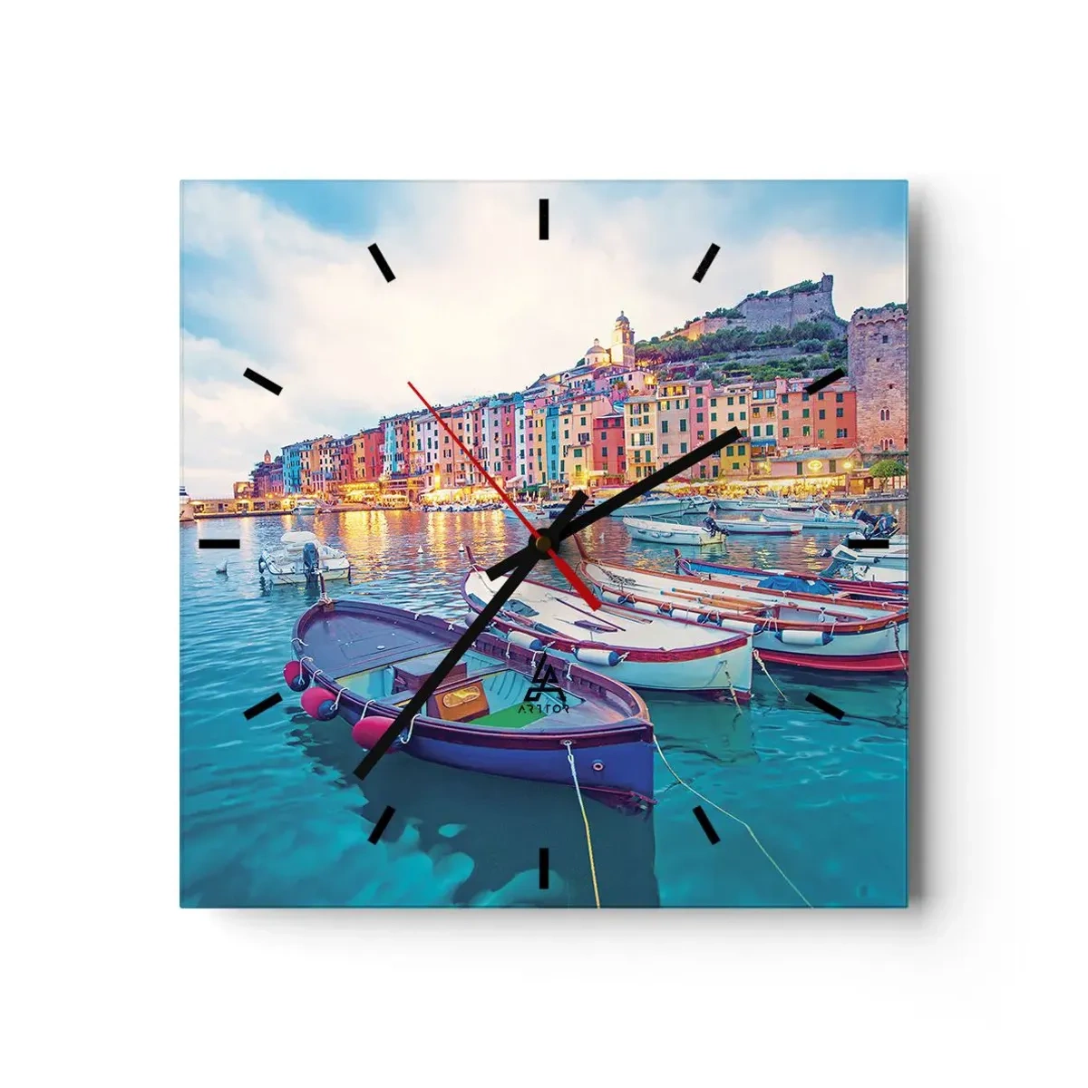 Ceas de perete - Ceas pe sticlă - O seară plină de culoare în port - 30x30 cm