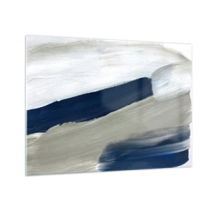 Tablou pe sticlă - Abstracție minimalistă cu tușe dinamice de alb, bleumarin și gri. - 70x50cm - Întâlnire cu albul - Decorațiune modernă pentru perete pentru living și dormitor ARTTOR