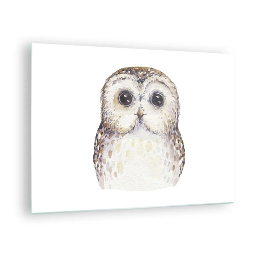 Tablou pe sticlă - Bufniță adorabilă pe fundal alb în stil acuarelă - 70x50cm - Uită-te în ochii mei - Decorațiune modernă pentru perete pentru living și dormitor ARTTOR