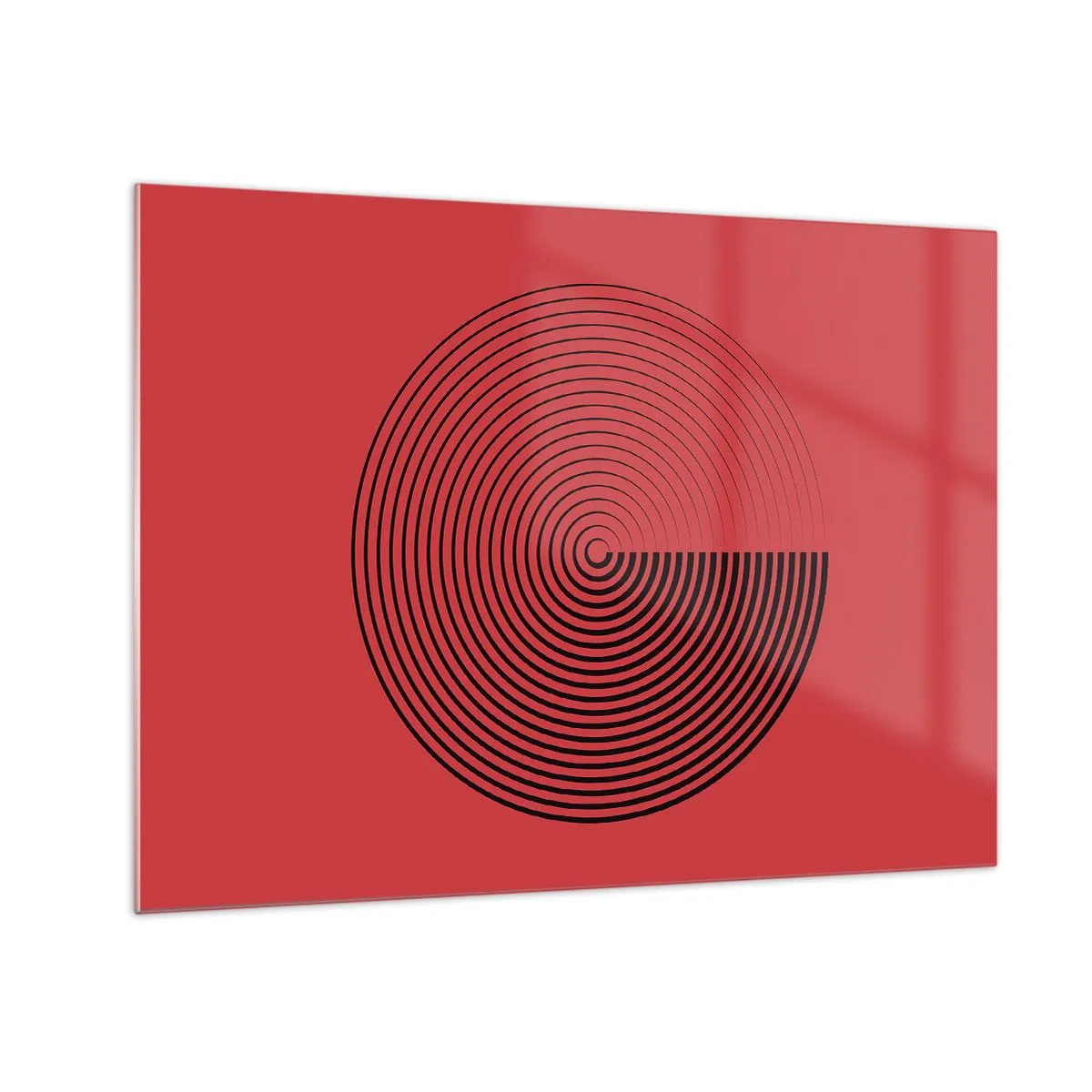 Tablou pe sticlă - Cercuri concentrice negre pe fundal roșu - 70x50cm - Mișcare circulară - Decorațiune modernă pentru perete pentru living și dormitor ARTTOR
