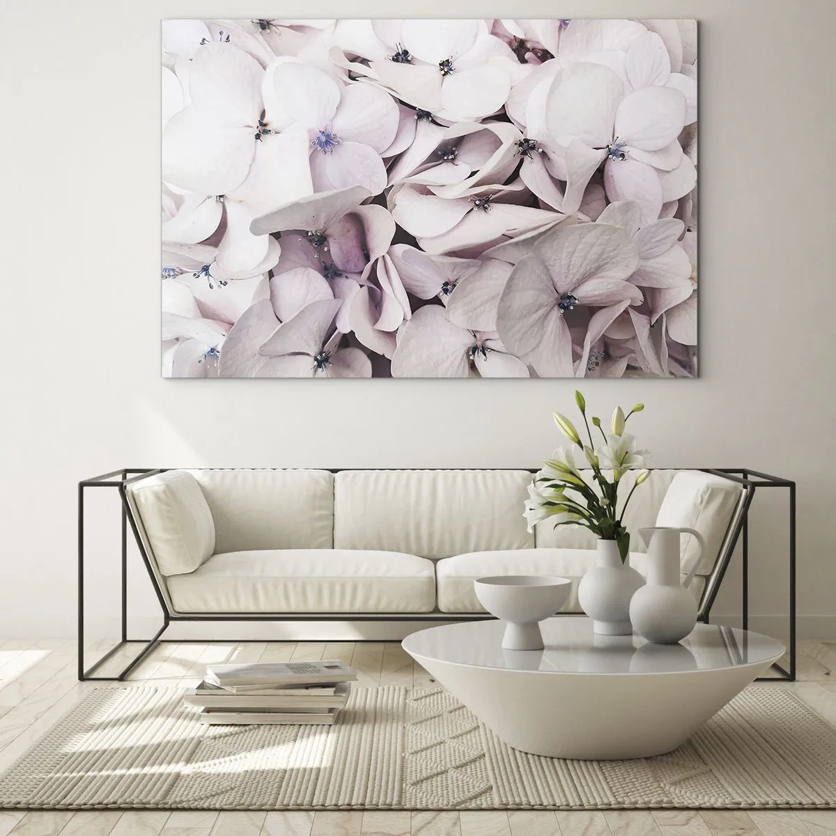 Tablou pe sticlă - Hortensii roz deschis delicate în prim-plan - 70x50cm - Într-un potop de flori - Decorațiune modernă pentru perete pentru living și dormitor ARTTOR