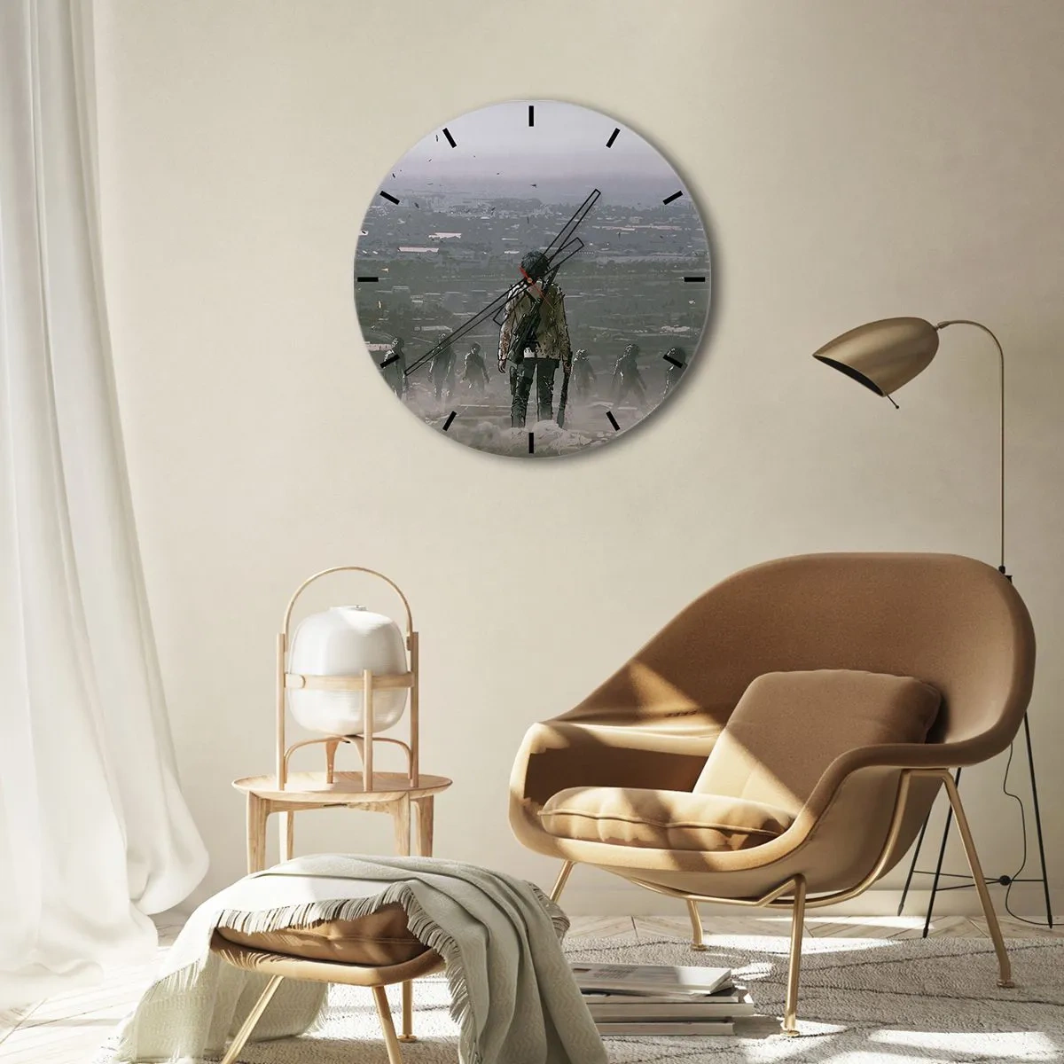 Ceas de perete - Ceas pe sticlă - O figură cu o armă pe fundalul unui oraș și al unei ceți misterioase - 30x30cm - Ultimul om în picioare? - Decorațiune modernă pentru perete pentru living, bucătărie și dormitor ARTTOR