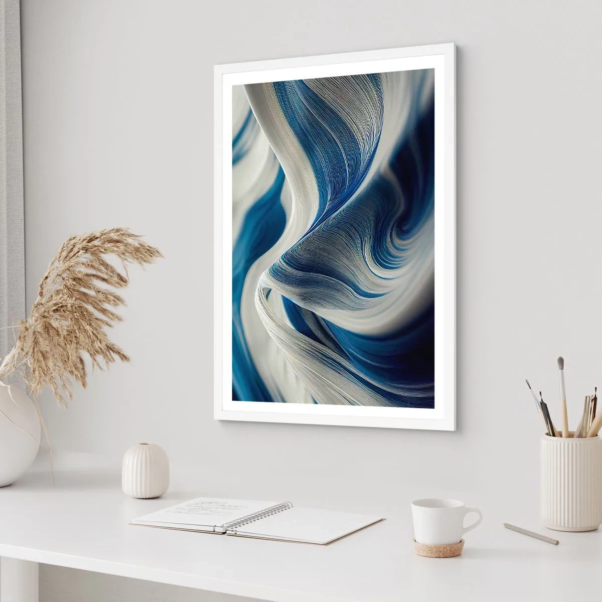 Poster în ramă albă - Fluiditate de albastru și alb - 70x100 cm