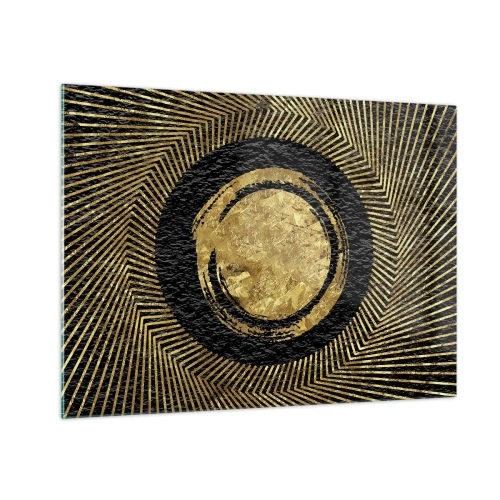 Tablou pe sticlă - Cerc auriu cu raze pe fundal negru într-un stil glamour - 70x50cm - Compoziție glamour - Decorațiune modernă pentru perete pentru living și dormitor ARTTOR