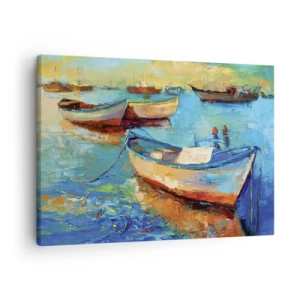 Tablou pe pânză Canvas - Bărci colorate ancorate pe ape calme - 70x50cm - Într-un golf de aur - Decorațiune modernă pentru perete pentru living și dormitor ARTTOR