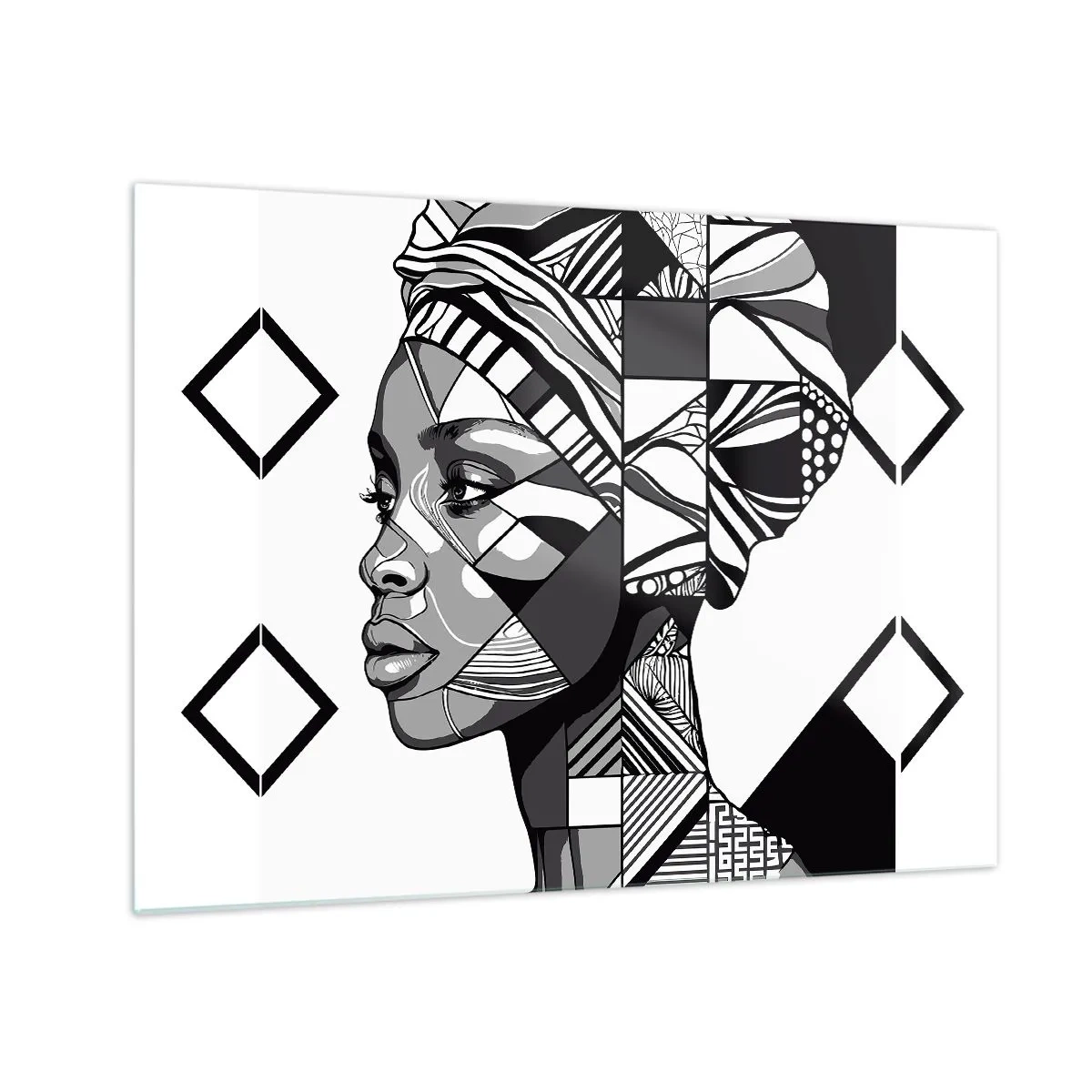 Tablou pe sticlă - Portret etnic alb-negru al unei femei cu modele geometrice - 70x50cm - Portret etnic - Decorațiune modernă pentru perete pentru living și dormitor ARTTOR