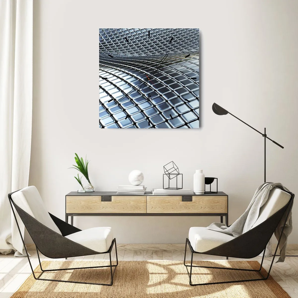 Ceas de perete - Ceas pe sticlă - Val metalic argintiu - 40x40 cm