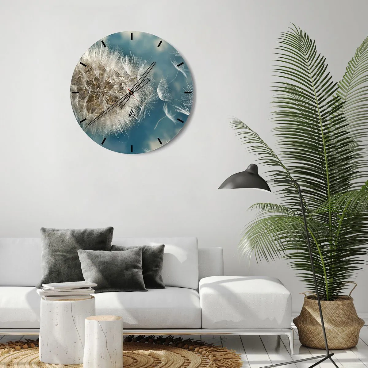 Ceas de perete - Ceas pe sticlă - O păpădie pe un cer albastru cu semințe plutitoare - 30x30cm - Respirația unui înger - Decorațiune modernă pentru perete pentru living, bucătărie și dormitor ARTTOR