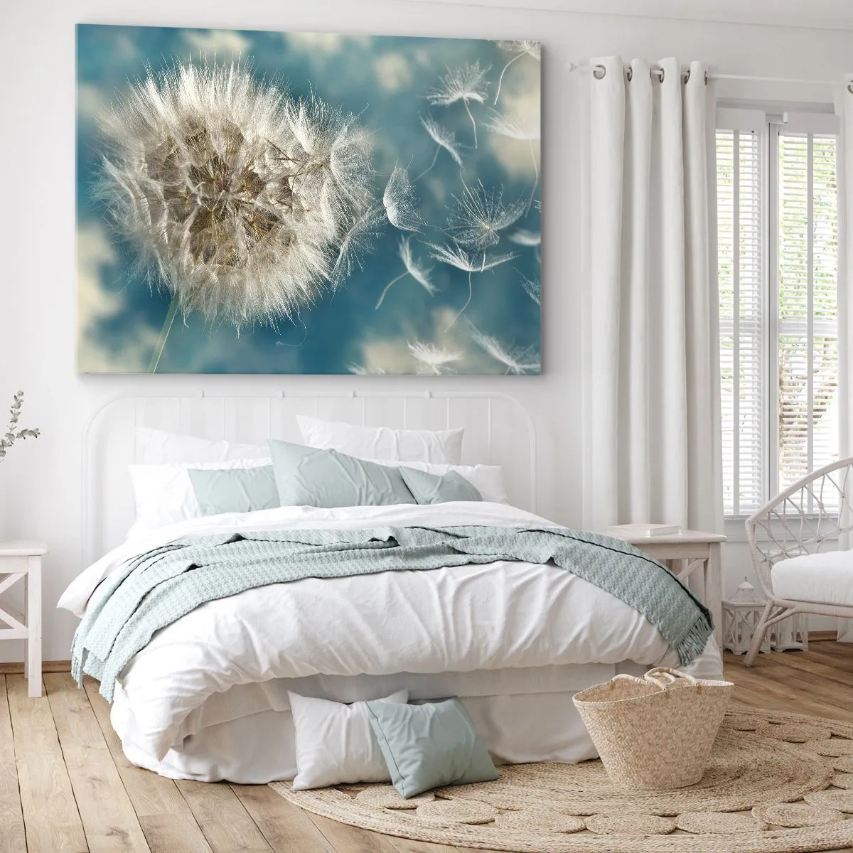 Tablou pe pânză Canvas - O păpădie explodată pe un cer albastru - 70x50cm - Respirația unui înger - Decorațiune modernă pentru perete pentru living și dormitor ARTTOR