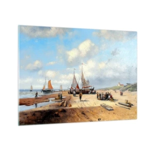 Tablou pe sticlă - Scenă de plajă cu bărci de pescuit și oameni care pescuiesc - 70x50cm - Pescuit de succes - Decorațiune modernă pentru perete pentru living și dormitor ARTTOR