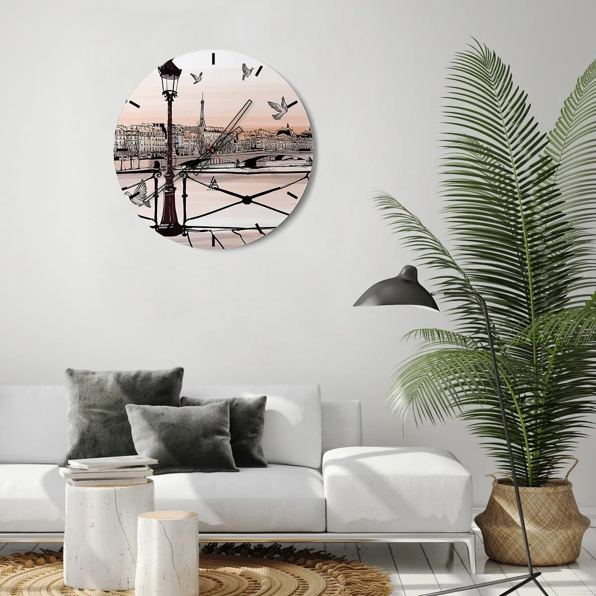 Ceas de perete - Ceas pe sticlă - Un felinar, porumbei și panorama Parisului la apus - 30x30cm - Deasupra acoperișurilor Parisului - Decorațiune modernă pentru perete pentru living, bucătărie și dormitor ARTTOR