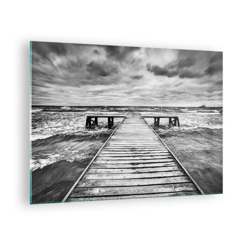 Tablou pe sticlă - Un debarcader alb-negru printre valurile agitate - 70x50cm - Aștept ca vântul să fugărească... - Decorațiune modernă pentru perete pentru living și dormitor ARTTOR