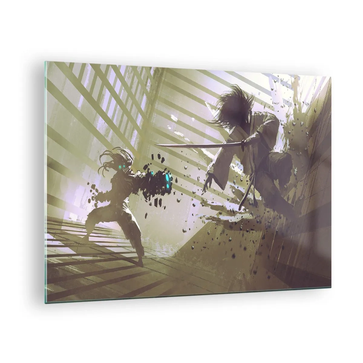 Tablou pe sticlă - Duel de samurai într-o scenă dinamică - 70x50cm - Și tu poți fi samurai - Decorațiune modernă pentru perete pentru living și dormitor ARTTOR