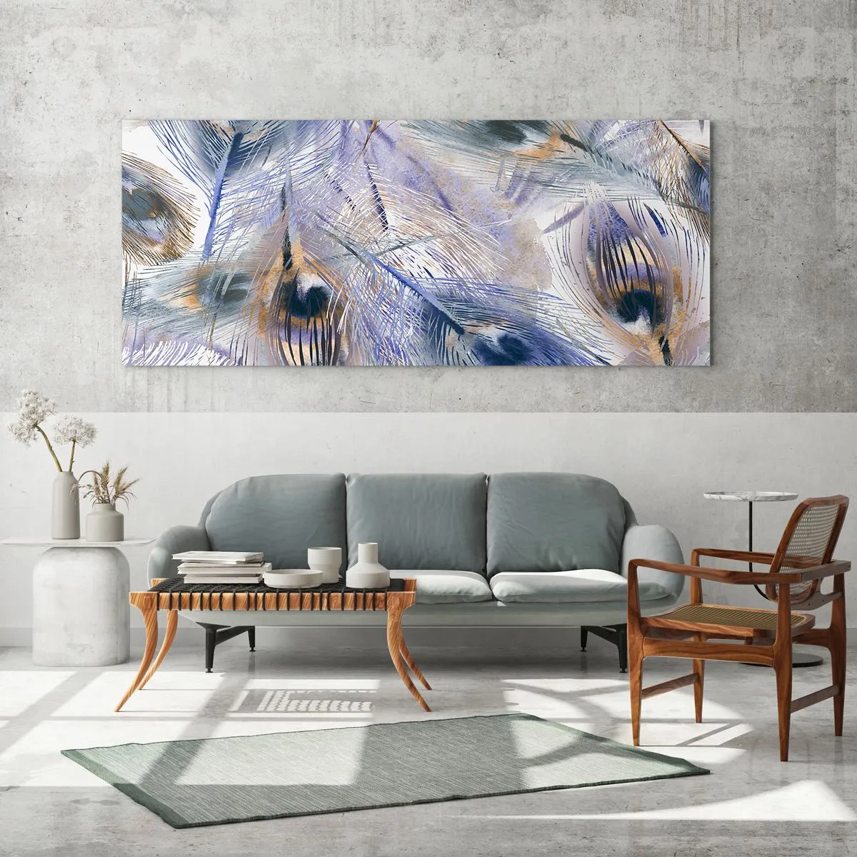 Tablou pe sticlă - Compoziția penelor de păun - 160x50 cm