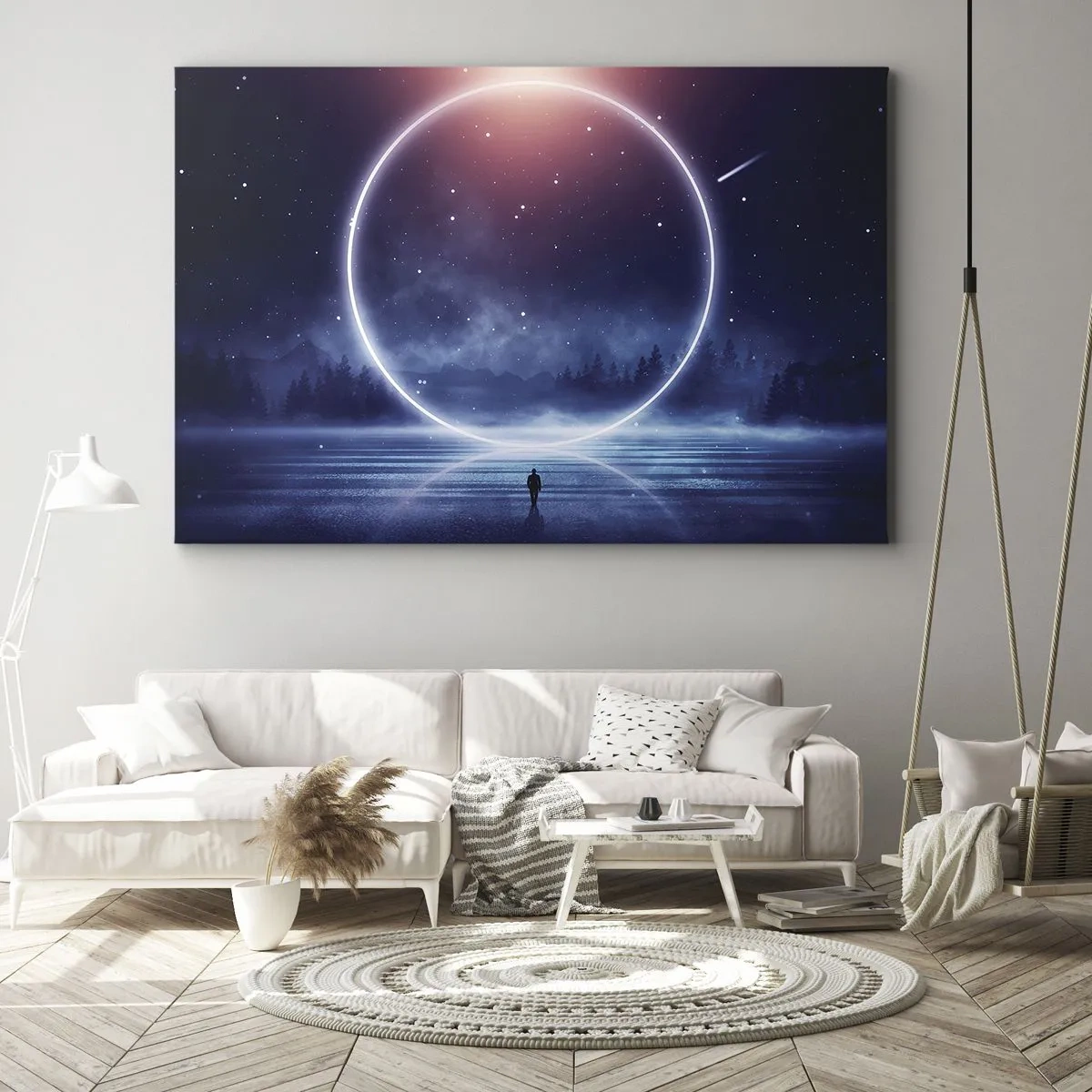 Tablou pe pânză Canvas - Un peisaj magic cu o figură și un cerc de lumină noaptea - 70x50cm - Ei sunt deja aici... - Decorațiune modernă pentru perete pentru living și dormitor ARTTOR