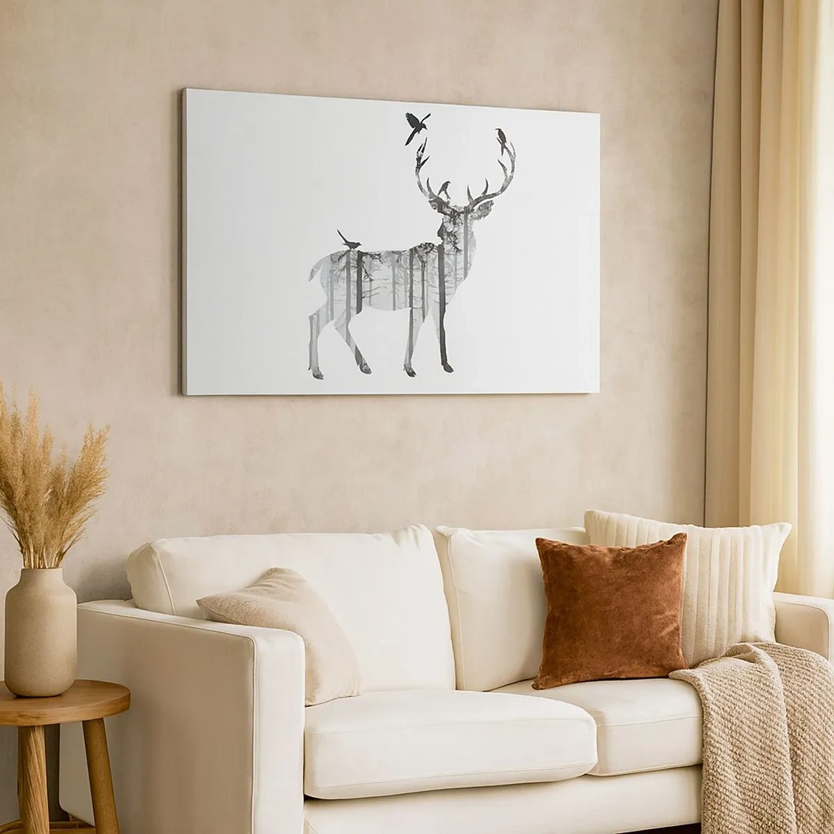 Tablou pe pânză Canvas - Silueta unui cerb cu pădure și păsări - 70x50cm - Spiritul bun al pădurii - Decorațiune modernă pentru perete pentru living și dormitor ARTTOR