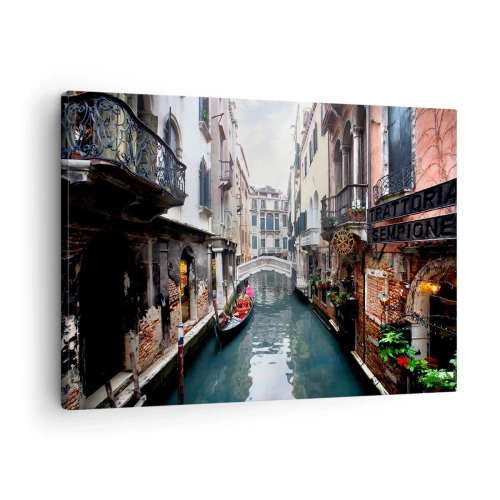 Tablou pe pânză Canvas - Un canal din Veneția cu o gondolă și clădiri istorice - 70x50cm - Peisaj venețian cu gondolă și pod - Decorațiune modernă pentru perete pentru living și dormitor ARTTOR