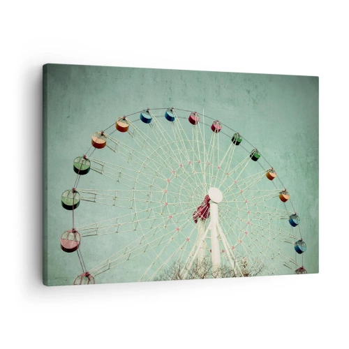 Tablou pe pânză Canvas - roată Ferris colorată pe un cer albastru, în stil retro - 70x50cm - Poftim la joacă - Decorațiune modernă pentru perete pentru living și dormitor ARTTOR