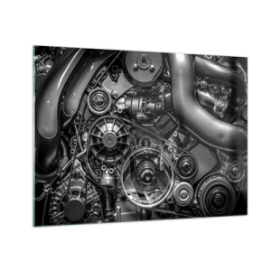 Tablou pe sticlă - Detaliu al unui motor alb-negru cu mecanisme vizibile - 70x50cm - Poezia mecanicii - Decorațiune modernă pentru perete pentru living și dormitor ARTTOR