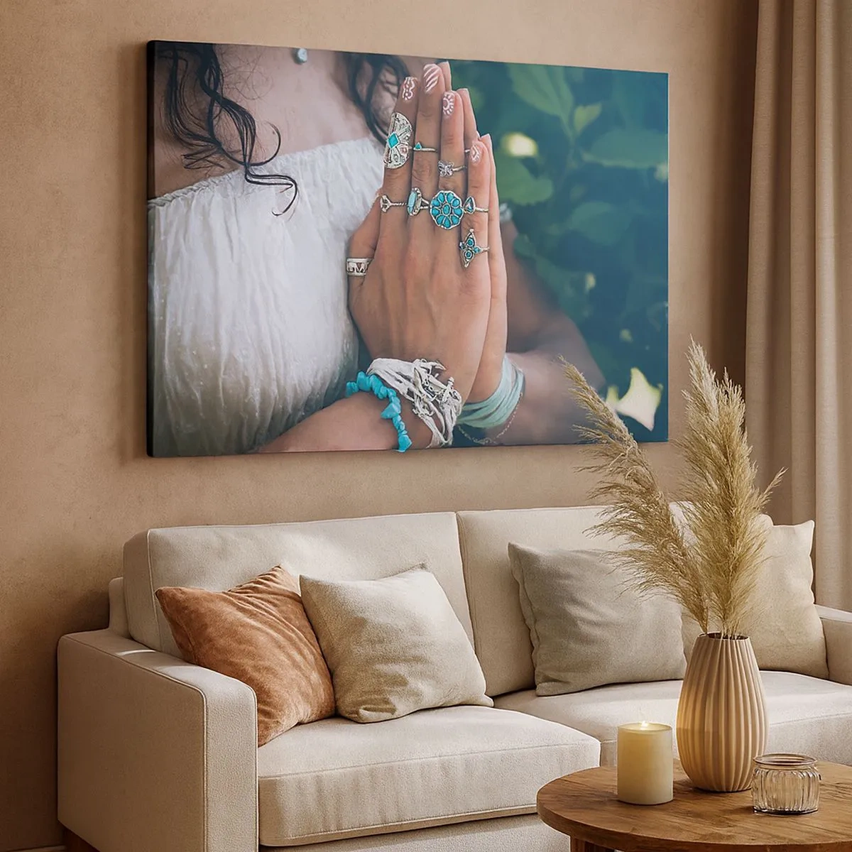 Tablou pe pânză Canvas - Mâini decorate cu bijuterii boho - 70x50cm - Bine ați venit în centrul ființei - Decorațiune modernă pentru perete pentru living și dormitor ARTTOR