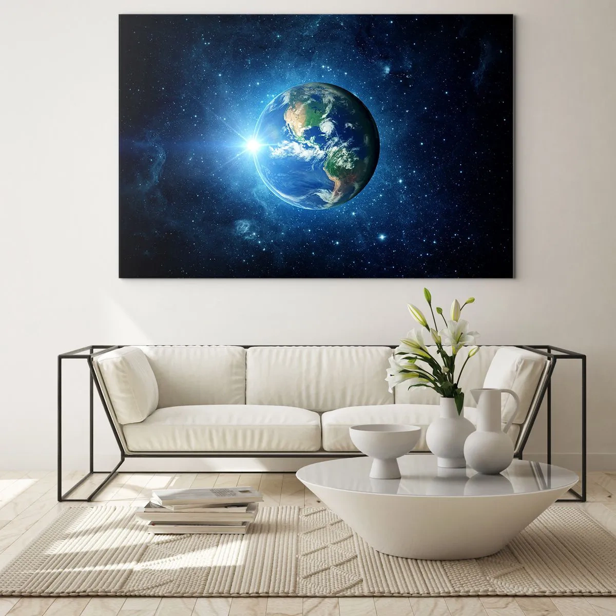Tablou pe sticlă - Pământul văzut din spațiu cu raze de lumină - 70x50cm - Suntem în ceruri - Decorațiune modernă pentru perete pentru living și dormitor ARTTOR