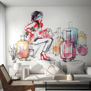 Tapet Standard Eco - Femeie elegantă călătorind cu valize colorate - 100x70cm - Să ne așezăm înainte de călătorie - Decorațiune modernă pentru perete pentru living și dormitor ARTTOR