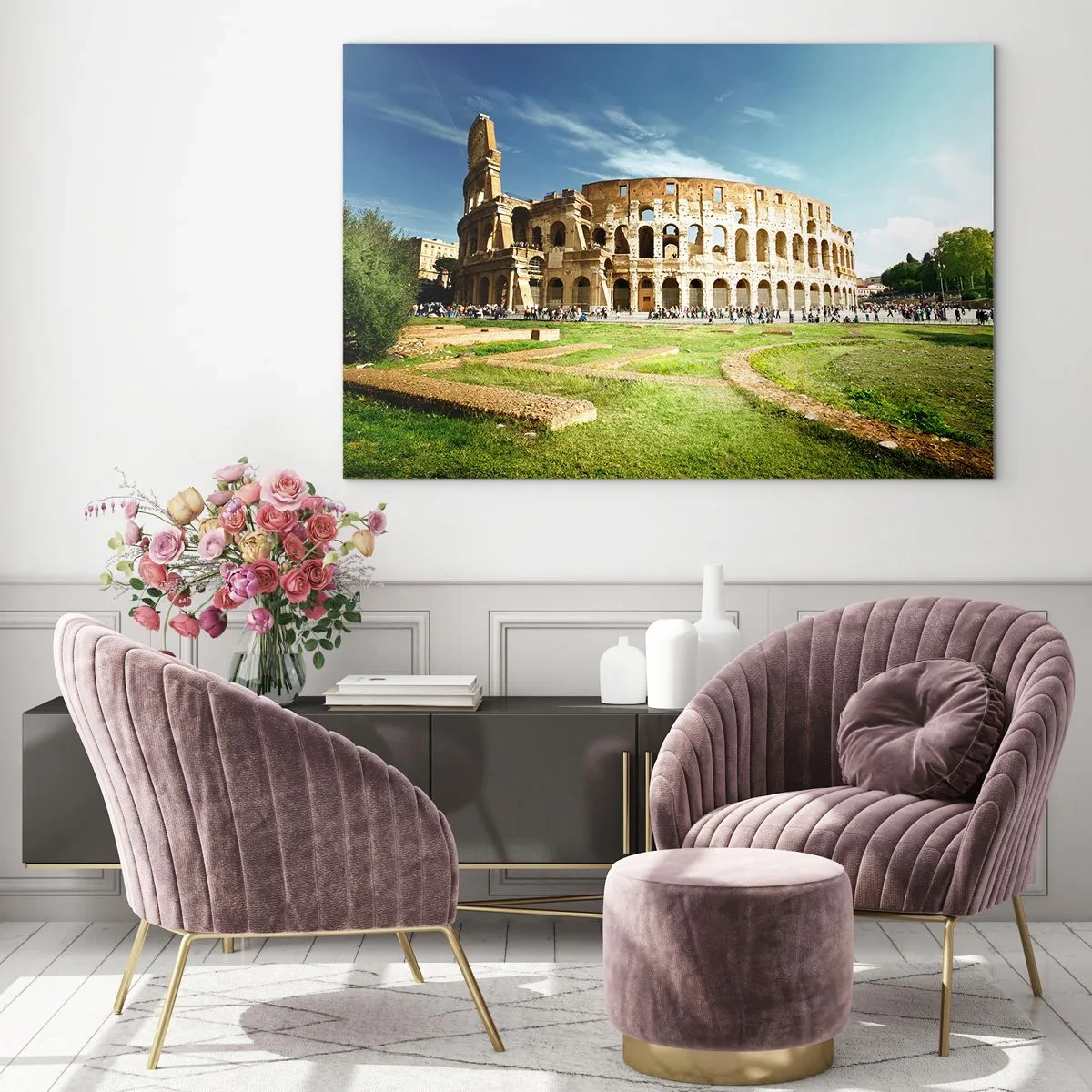 Tablou pe sticlă - Colosseumul din Roma iluminat de soare - 70x50cm - Încă mai poți auzi zgomotul armelor - Decorațiune modernă pentru perete pentru living și dormitor ARTTOR