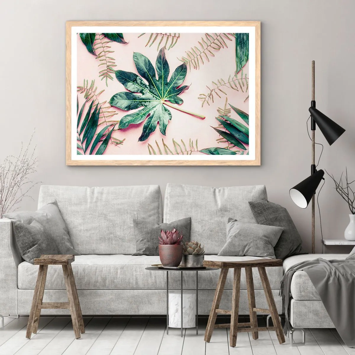 Poster în ramă de stejar deschis - Studiu de verdeață pe un fundal roz - 91x61 cm