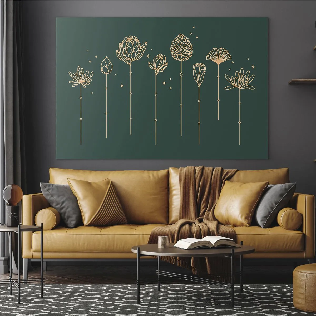 Tablou pe sticlă - Contururi aurii de ierburi și flori pe un fundal verde închis - 70x50cm - Familia IERBEscu - Decorațiune modernă pentru perete pentru living și dormitor ARTTOR