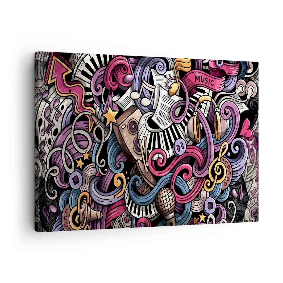 Tablou pe pânză Canvas - O abstracțiune muzicală plină de instrumente și note colorate. - 70x50cm - Melodie complicată - Decorațiune modernă pentru perete pentru living și dormitor ARTTOR