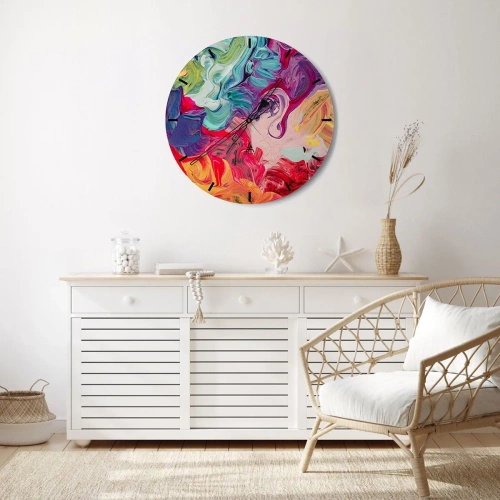 Ceas de perete - Ceas pe sticlă - Un amestec abstract de culori în nuanțe intense - 30x30cm - Nașterea culorii - Decorațiune modernă pentru perete pentru living, bucătărie și dormitor ARTTOR