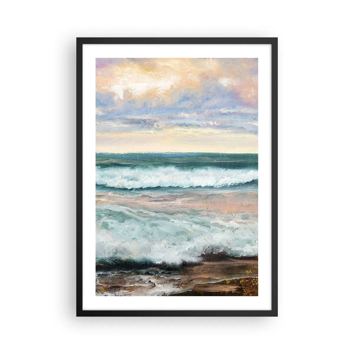 Poster în ramă neagră - Valurile mării la apus - 50x70cm - Aici îți vei alina sufletul - Decorațiune modernă pentru perete pentru living și dormitor ARTTOR
