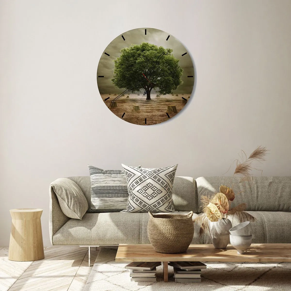 Ceas de perete - Ceas pe sticlă - Un copac înconjurat de cioturi pe un cer furtunos - 30x30cm - Toate speranțele - Decorațiune modernă pentru perete pentru living, bucătărie și dormitor ARTTOR