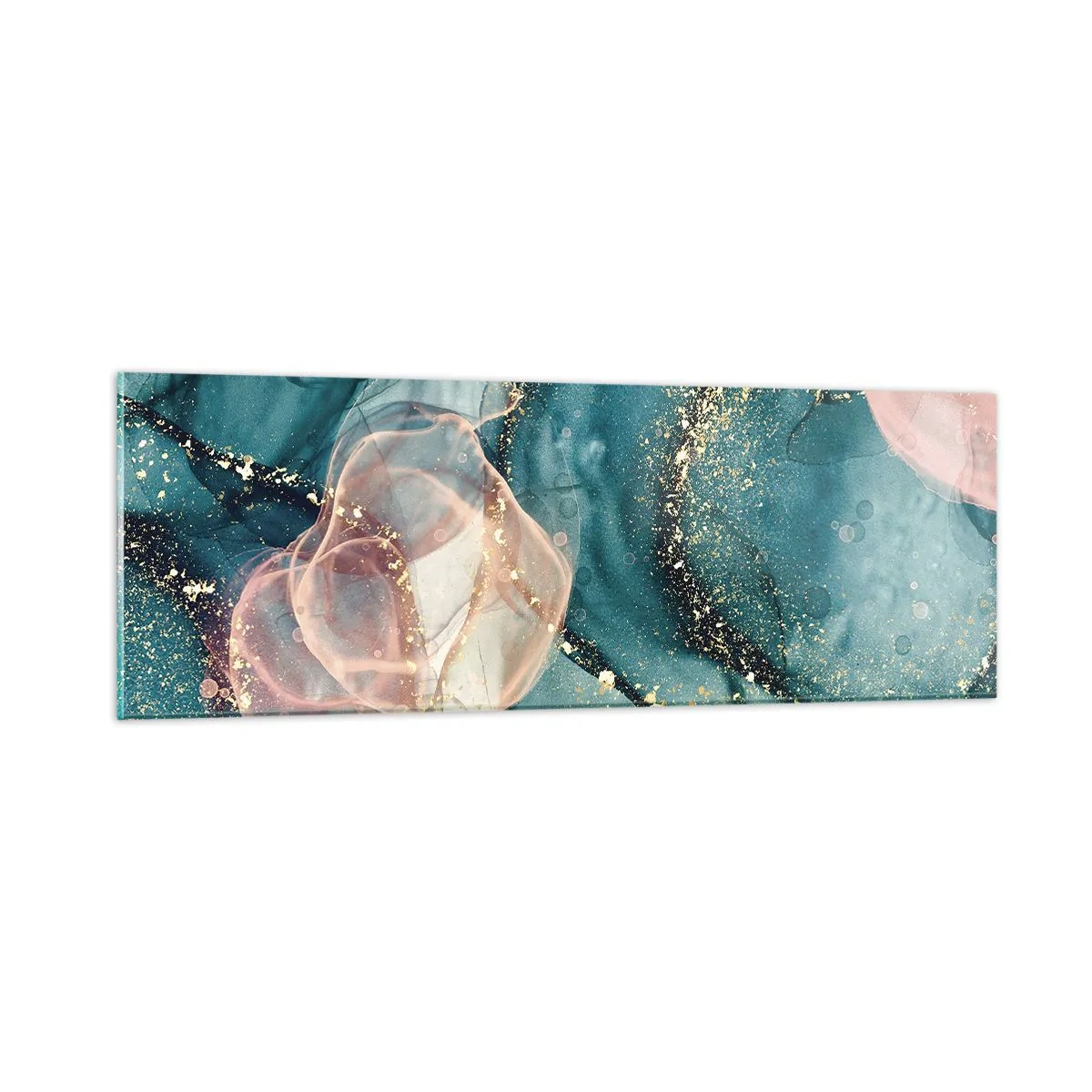 Tablou pe sticlă - Mătase albastră, tul roz - 90x30 cm