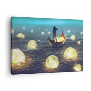 Tablou pe pânză Canvas - O figură într-o barcă înconjurată de sfere luminoase pe apă - 70x50cm - Lucruri la care filozofii nu au visat niciodată - Decorațiune modernă pentru perete pentru living și dormitor ARTTOR