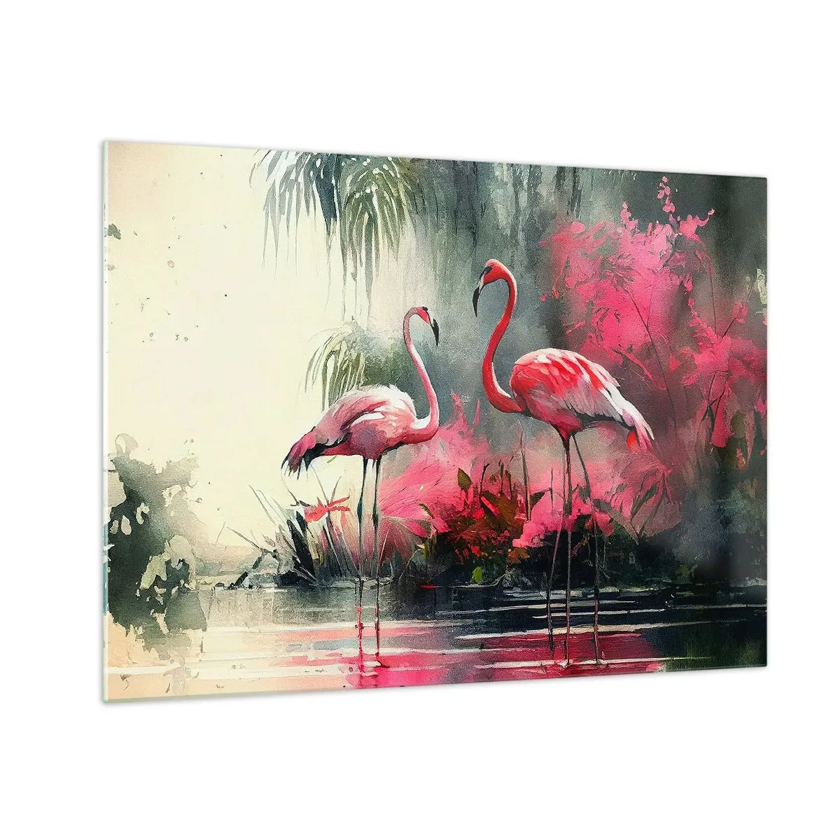 Tablou pe sticlă - Doi flamingi într-un cadru tropical lângă apă - 70x50cm - O lecție de farmec natural - Decorațiune modernă pentru perete pentru living și dormitor ARTTOR