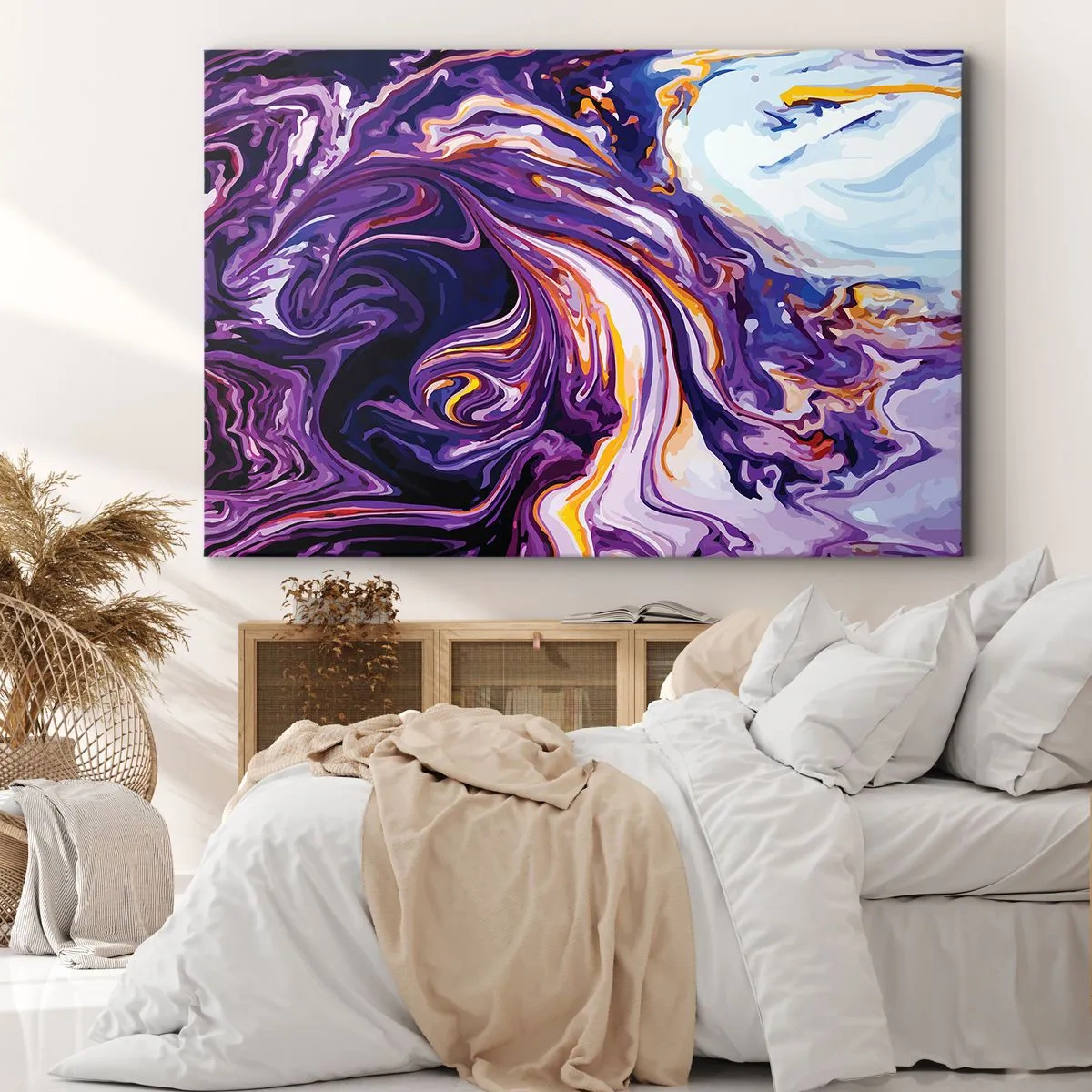 Tablou pe pânză Canvas - Un model abstract dinamic în nuanțe de violet și galben. - 70x50cm - Îndoirea spațiului în mov - Decorațiune modernă pentru perete pentru living și dormitor ARTTOR