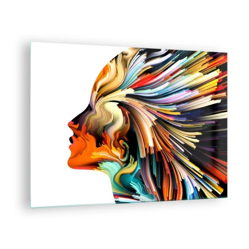 Tablou pe sticlă - O explozie de culoare sub forma unei siluete umane - 70x50cm - O explozie de imaginație - Decorațiune modernă pentru perete pentru living și dormitor ARTTOR