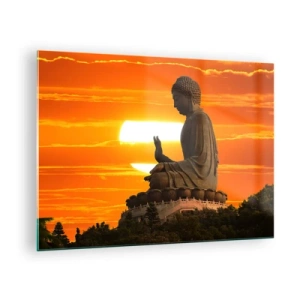 Tablou pe sticlă - Statuia lui Buddha pe fundalul apusului de soare - 70x50cm - Fără frică de lume - Decorațiune modernă pentru perete pentru living și dormitor ARTTOR