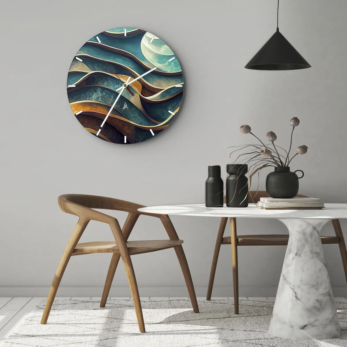 Ceas de perete - Ceas pe sticlă - Valuri abstracte de albastru și maro cu efect 3D - 30x30cm - Meandre de albastru - Decorațiune modernă pentru perete pentru living, bucătărie și dormitor ARTTOR
