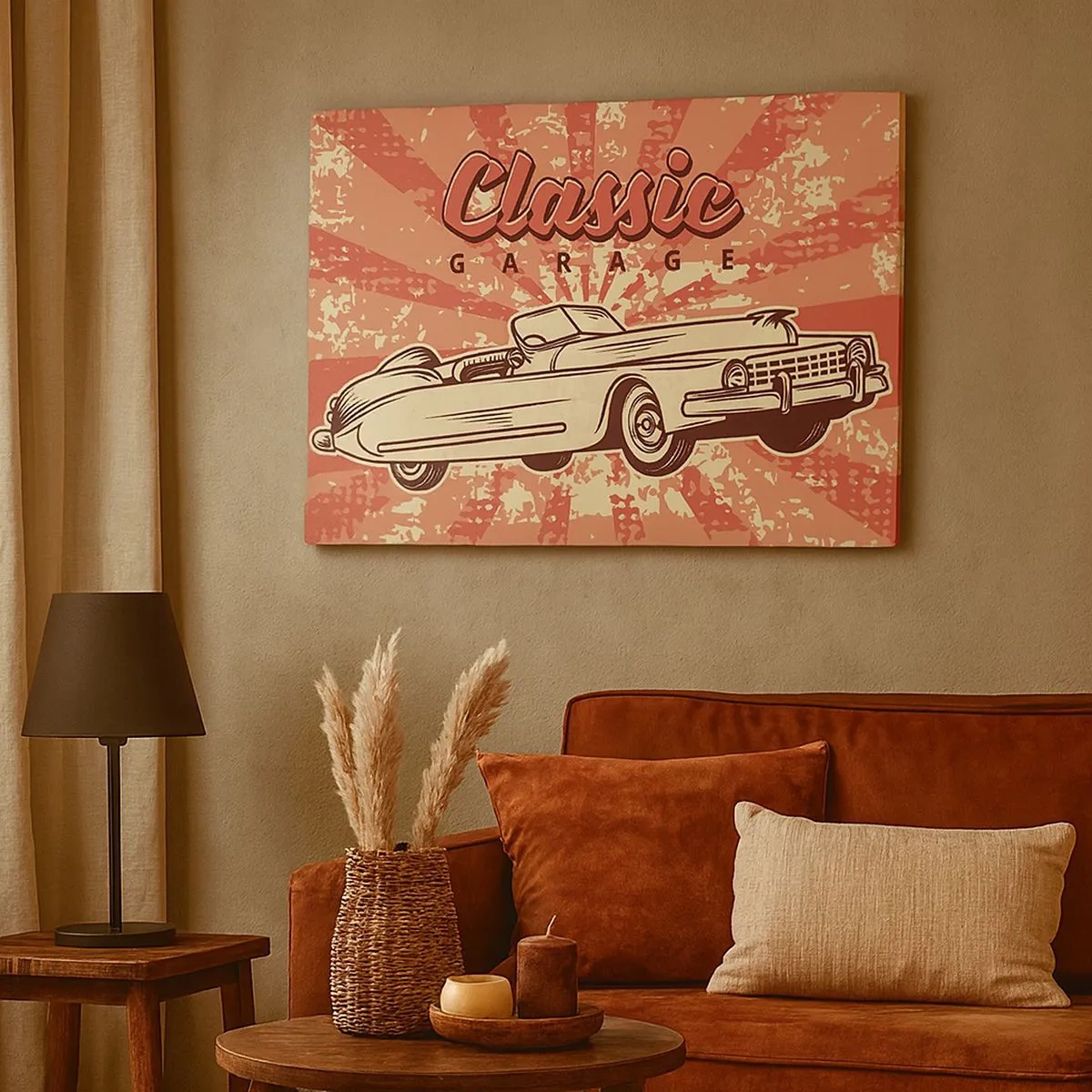Tablou pe pânză Canvas - Poster retro cu o mașină clasică și cuvintele Classic Garage - 70x50cm - Și la radio Elvis - Decorațiune modernă pentru perete pentru living și dormitor ARTTOR