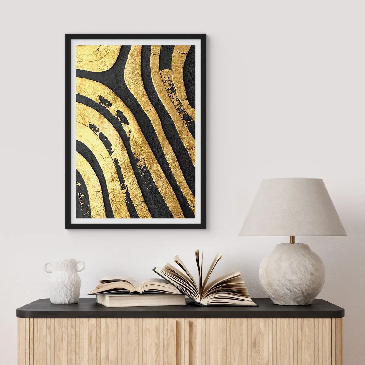 Poster în ramă neagră - Linii aurii pe un fundal întunecat - 50x70cm - Totul curge - Decorațiune modernă pentru perete pentru living și dormitor ARTTOR