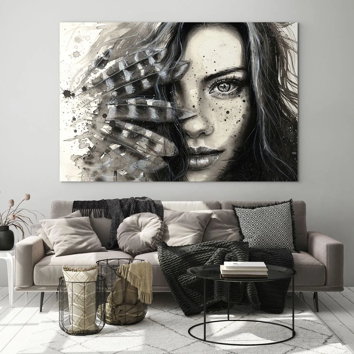 Tablou pe sticlă - Portret de femeie cu pene și detalii abstracte - 70x50cm - Frumusețe sălbatică - Decorațiune modernă pentru perete pentru living și dormitor ARTTOR