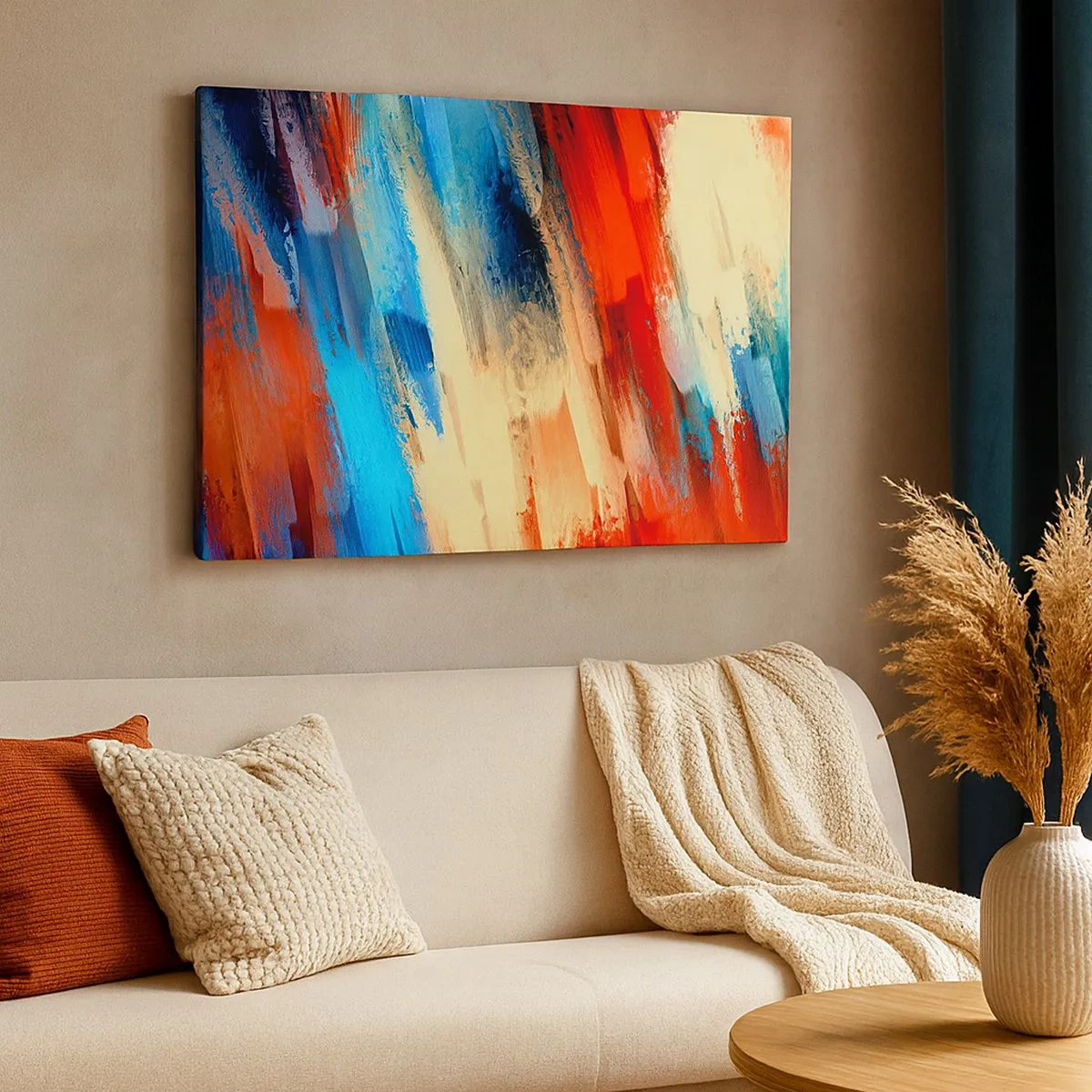 Tablou pe pânză Canvas - Tușă de pensulă abstractă în nuanțe de albastru și portocaliu - 70x50cm - O cascadă de culori - Decorațiune modernă pentru perete pentru living și dormitor ARTTOR